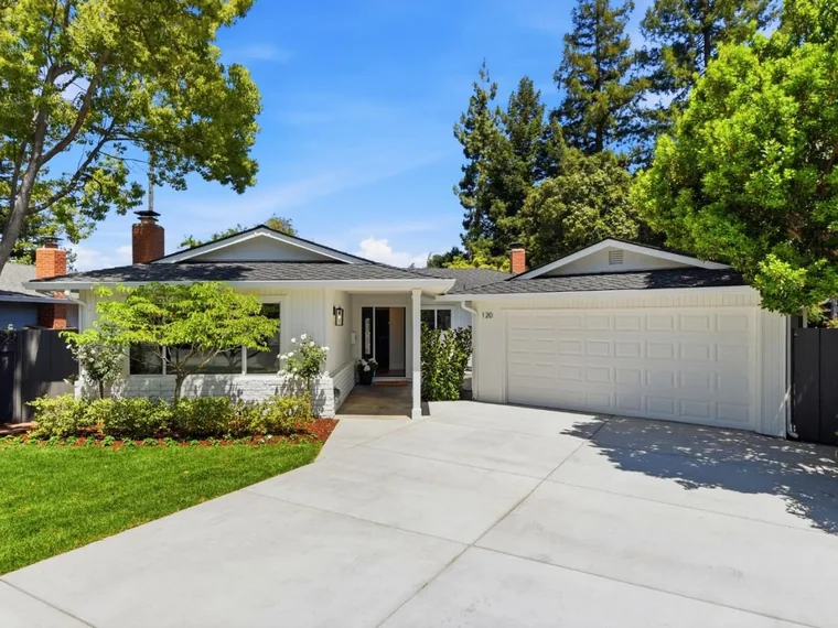 White ranch home with brick chimneys, a white double garage and a wide driveway under tall redwoods at 120 Hilow Ct, Los Gatos, California
